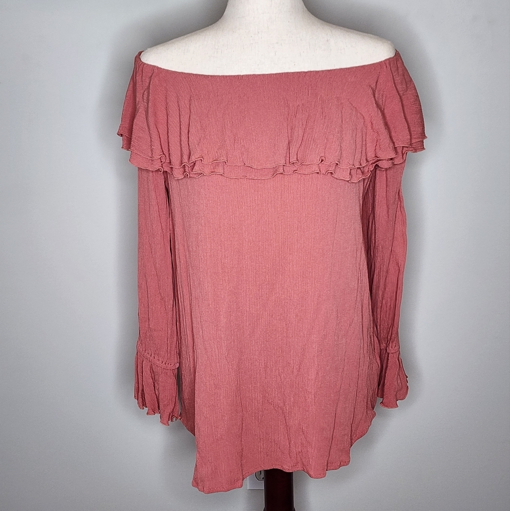 Soft Surroundings Off the Shoulder Blouse Ruffle Long Sleeve Rose Pink Size M